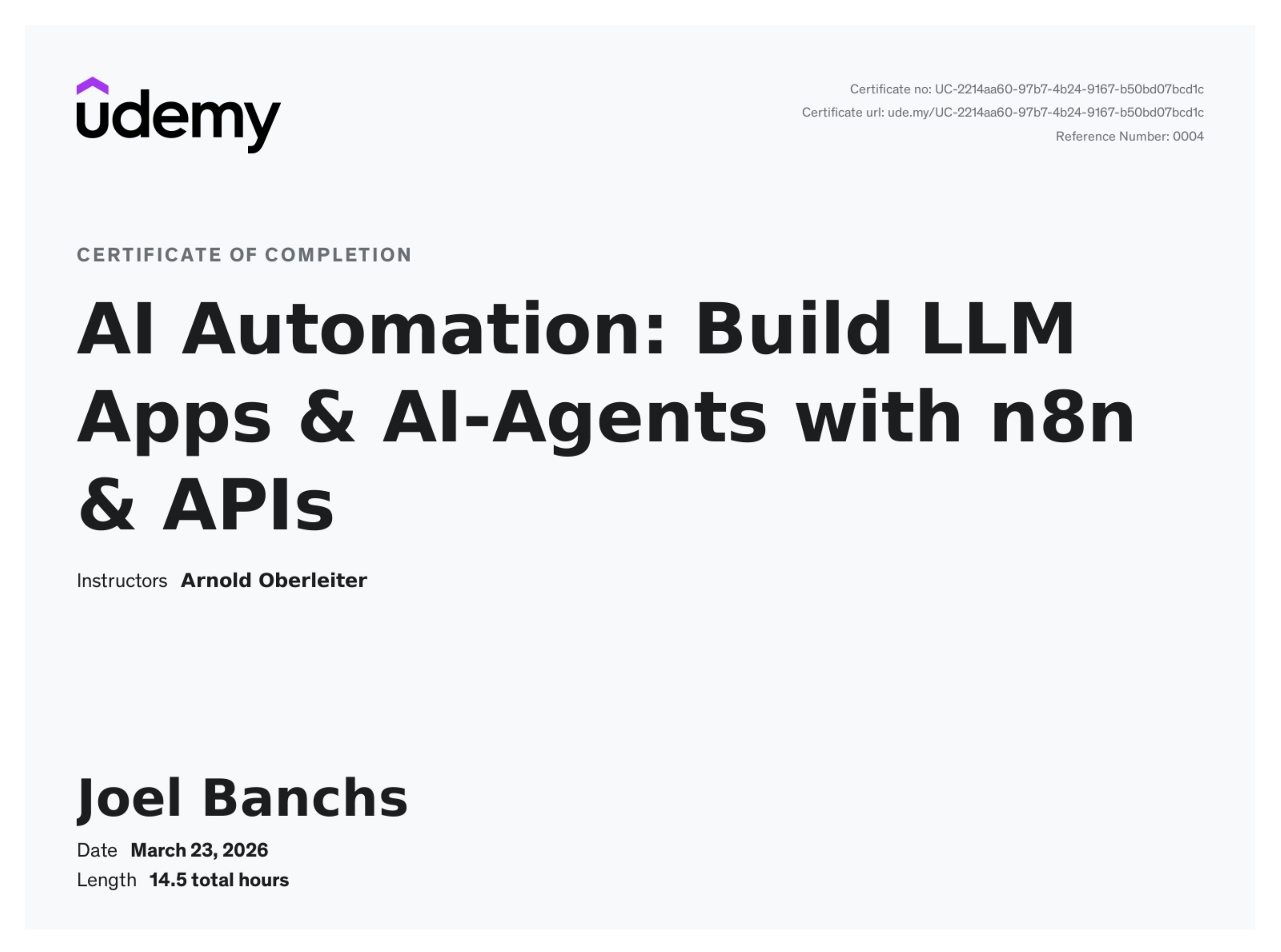 Certificate preview for AI Automation: Build LLM Apps and AI-Agents with n8n and APIs