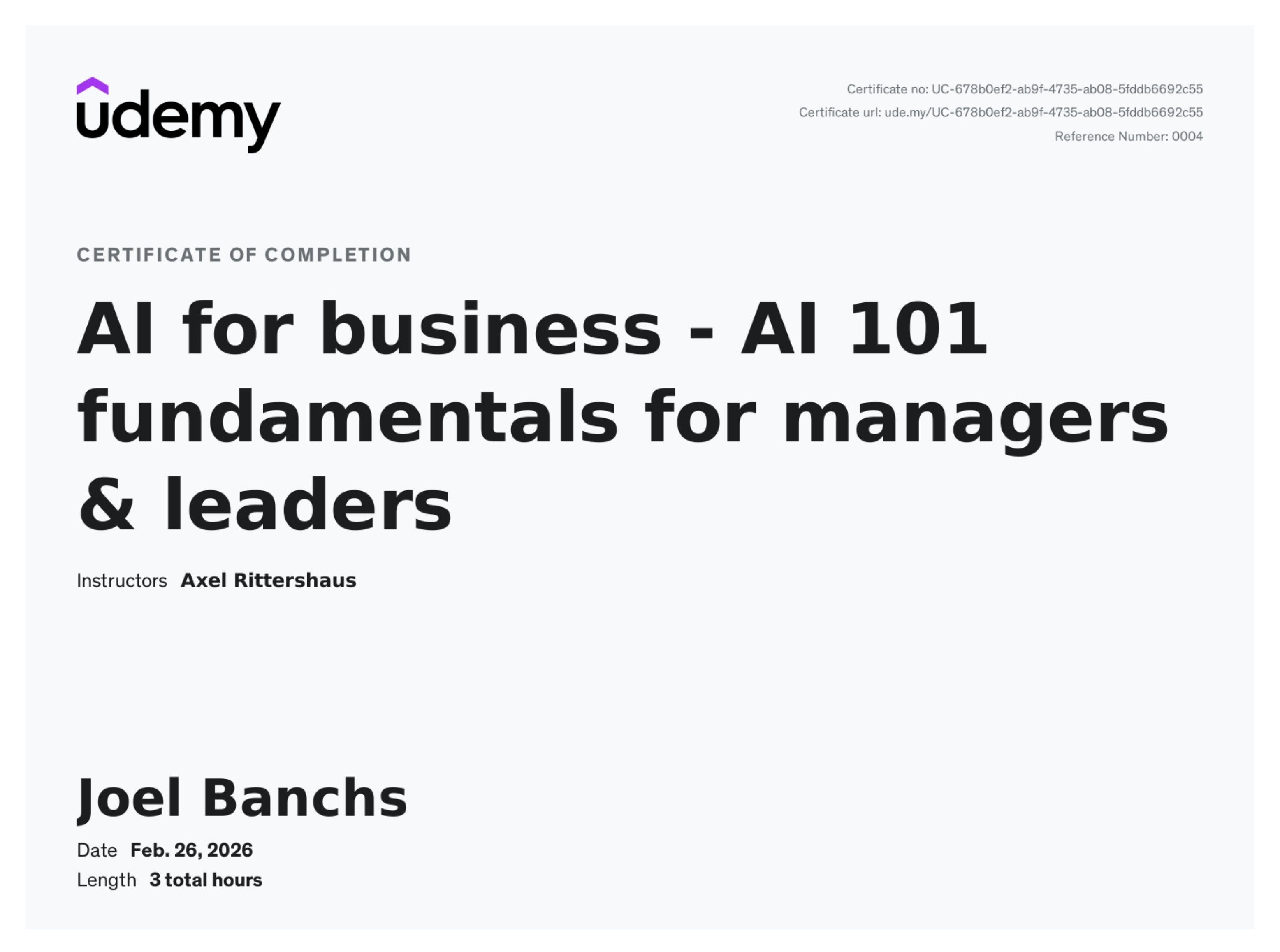 Certificate preview for AI for business - AI 101 fundamentals for managers and leaders