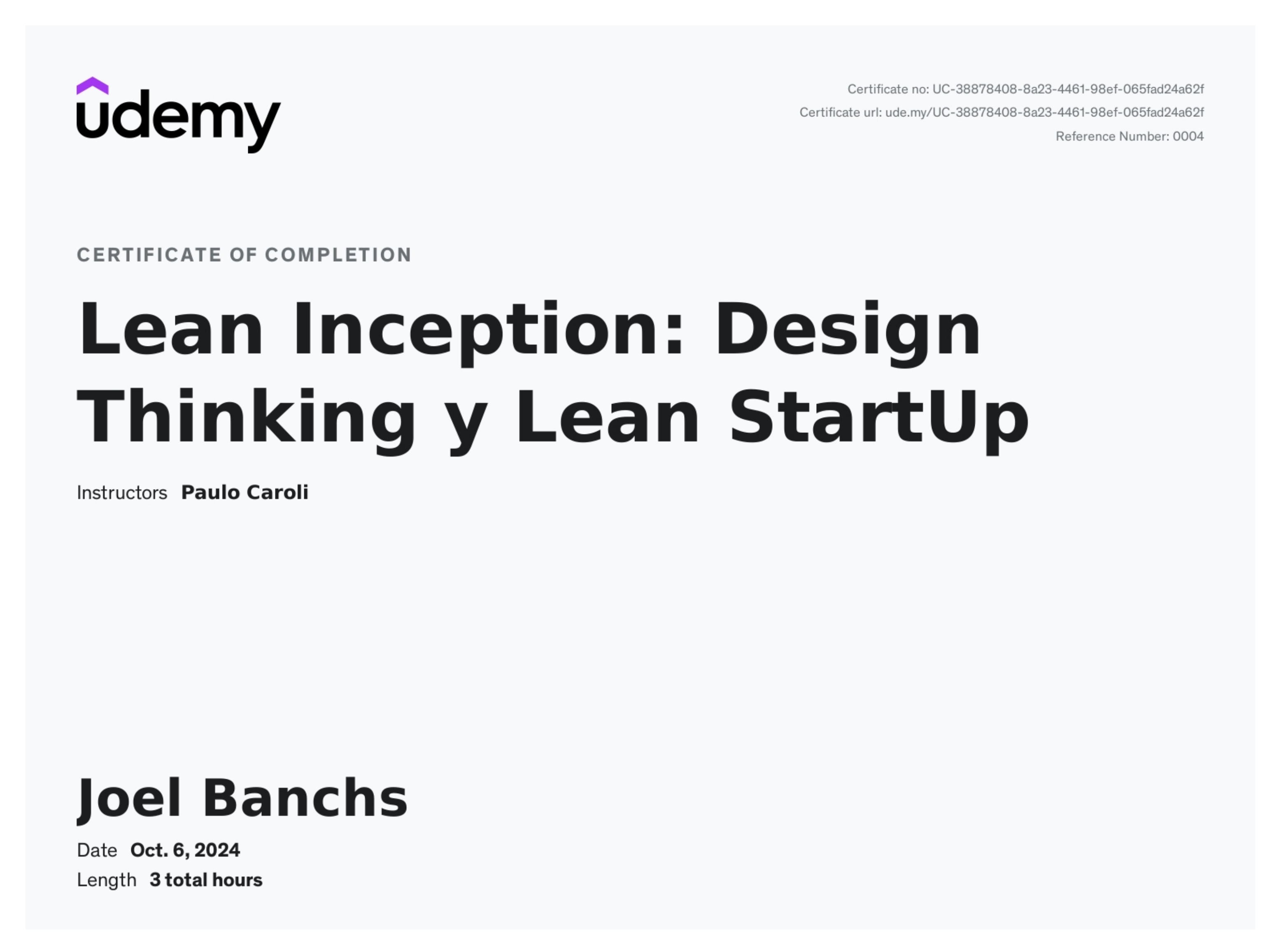 Certificate preview for Lean Inception: Design Thinking y Lean StartUp