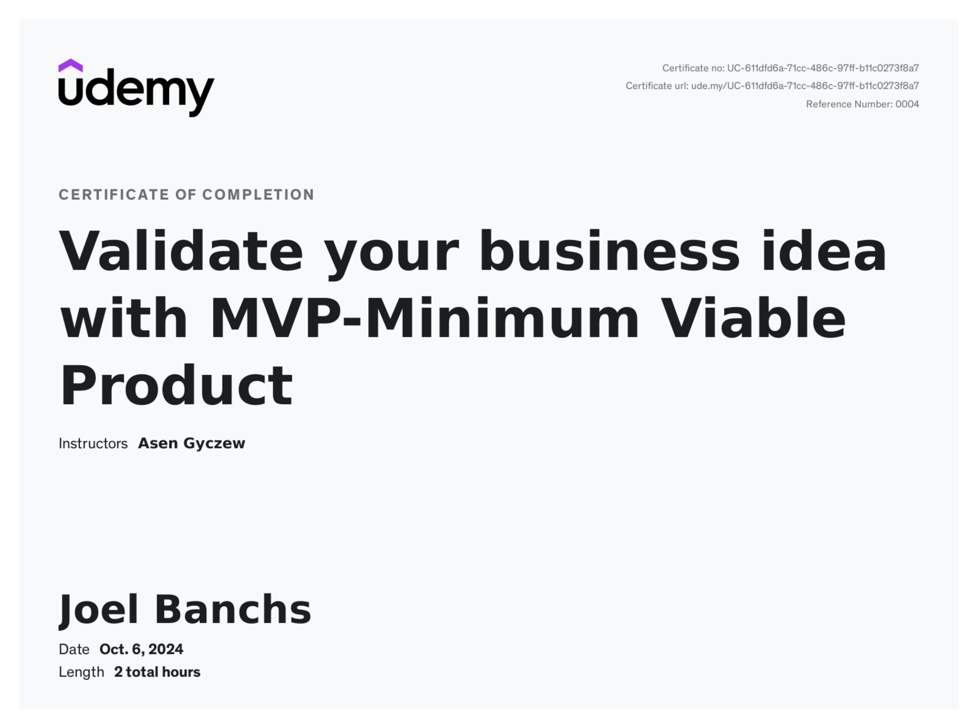Certificate preview for Validate your business idea with MVP-Minimum Viable Product