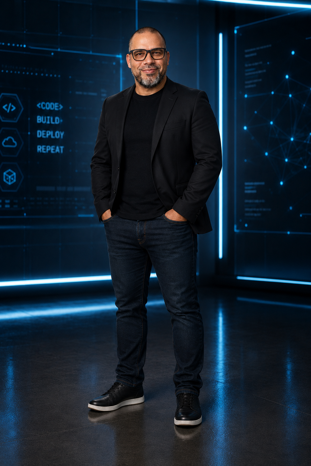 Joel Banchs standing in a technology themed background